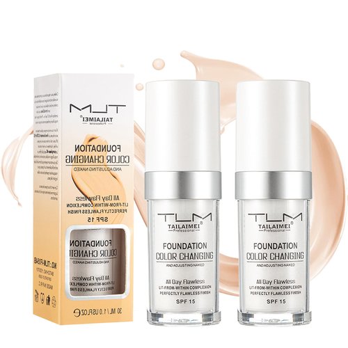 30ml TLM Color Changing Foundation Liquid Base,Flawless Makeup Base Moisturizing Liquid Foundation,Makeup Base Nude Face Liquid Cover Concealer, Sunscreen, Non-greasy, Non-marking, Long lasting(2 PCS)