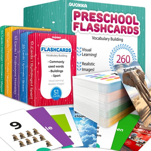 QUOKKA 260 Flash Cards for Kids Ages 3-5 with Realistic Images – Pre K Flash Cards Age 4-5 for Toddlers & Preschool, Alphabet, Numbers, Shapes, etc with 30 Learning Activities Color-Coded for Sorting