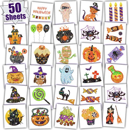 Leesgel 50 Styles Glitter Halloween Birthday Party Supplies, Halloween Cute Tattoos Stickers For Kid Prizes, Safety Waterproof Fake Temporary Tattoo for Boys Girls Halloween Party Games Toys
