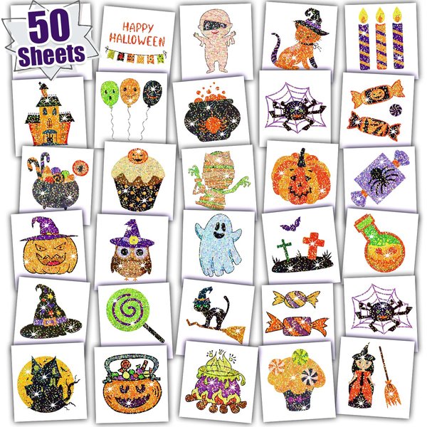 Leesgel 50 Styles Glitter Halloween Birthday Party Supplies, Halloween Cute Tattoos Stickers For Kid Prizes, Safety Waterproof Fake Temporary Tattoo for Boys Girls Halloween Party Games Toys