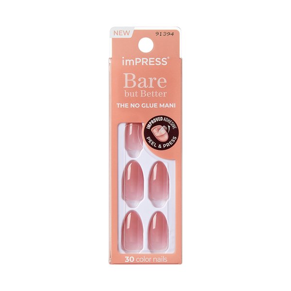 KISS imPRESS No Glue Mani Press-On Nails, Color, Serenity', Medium Pink, Medium Size, Almond Shape, Includes 30 Nails, Prep Pad, Instructions Sheet, 1 Manicure Stick, 1 Mini File