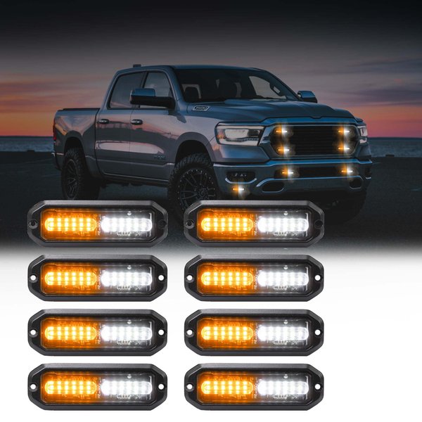 WINECO Amber/White LED Strobe Lights Kit - 8pcs 12-LED Flashing Emergency Warning Lights for Trucks, Cars and Vehicles