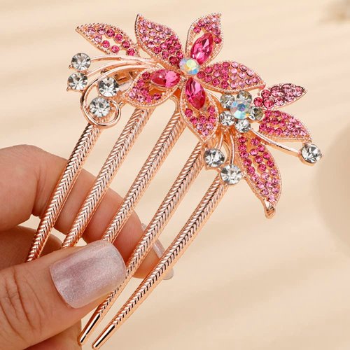 Missgrace Boho Simple Luxury Glitter Sparkly Flower Pink Crystal Rhinestones Hair Side Combs Hairpins Barrettes Bride Hair Clips Accessories for Women Girls (Pink)