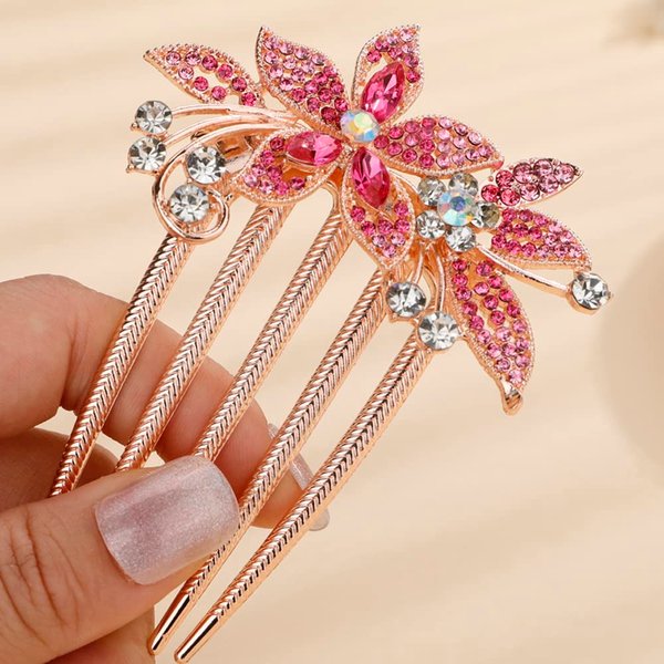 Missgrace Boho Simple Luxury Glitter Sparkly Flower Pink Crystal Rhinestones Hair Side Combs Hairpins Barrettes Bride Hair Clips Accessories for Women Girls (Pink)