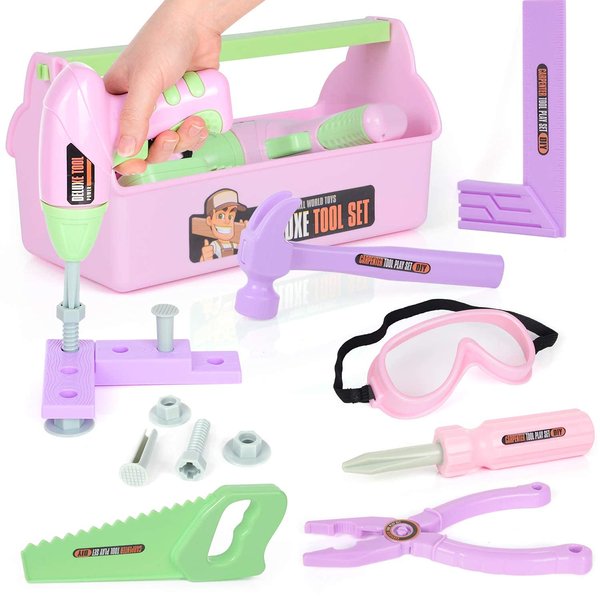 Pink Tool Set Box (18 PCS) Kids Tool Set Pretend Play Construction Tool Accessories with a Tool Box Including Toy Pink Manual Drill Construction Kits