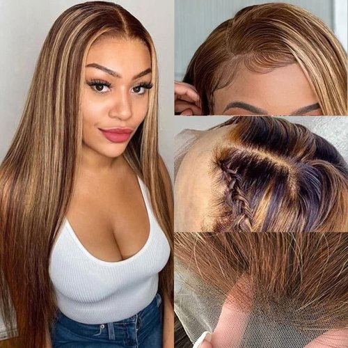 Ombre Highlight Lace Front Wig Human Hair 13x4 Glueless Transparent HD Lace Frontal Wigs Pre Plucked With Baby Hair Straight Brazilian Blonde 4/27 Human Hair Wigs (20Inch, 4/27 lace front wig13×4)