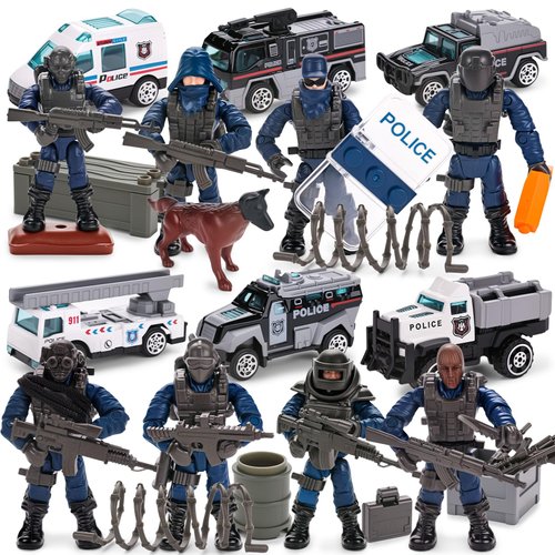 3 otters 14PCS Policemen Action Figure Set, 8 SWAT Building Blocks with Movable Joints 1:36 Scale Army Men Soldiers and 6 Vehicles for Boys Birthday Gift