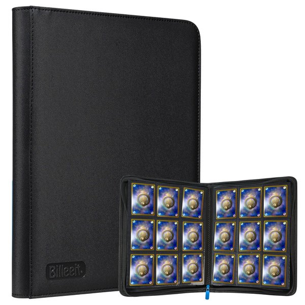 Premium Zipper Trading Card Binder Compatible with Sport Card, 9 Pocket 540 Side-Loading Slots Card Album Holder, Ringless Game Trading Card Protective Organize Folder, BLACK