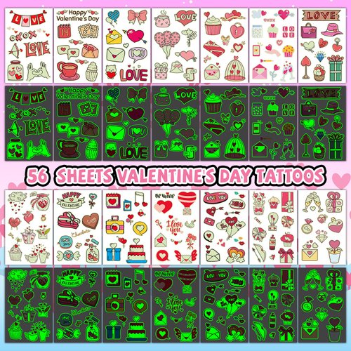 EMOME 400 Styles Luminous Valentine's Day Accessories Party Favors Decorations Supplies, Glow Heart Kiss Tattoos Temporary, Valentines Day Temporary Tattoo Stickers for Kids Women (56 Sheets)