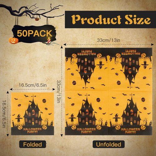 Halloween Napkins, 50 Pack Halloween Paper Napkins Disposable, Halloween Cocktail Napkins, Orange Black Castle Spooky House Decorative Dinner Hand Napkins for Halloween Party Supplies, 6.5 x 6.5 Inch