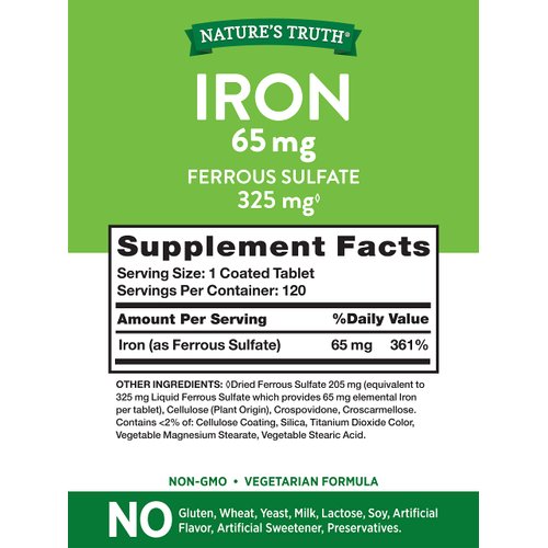 Ferrous Sulfate Iron Supplement | 65 mg | 120 Tablets | Non-GMO, Gluten Free | by Nature's Truth