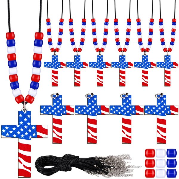 Landical 48 Set 4 of July Patriotic Craft Kits Religious Cross Necklace Craft Kit Wooden Crosses White Red and Blue Plastic Bead for DIY Patriotic Religious Craft Gifts Independence Day Sunday School