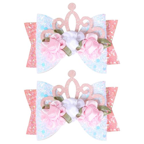 Pink Crown Hair Clips Fashin flower Hair Bows Boutique Glitter Hair Accessories for Princess Kids...