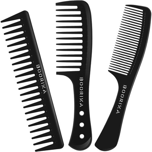 Boorika Wide Tooth Comb - Carbon Fiber Hair Comb for Curls - Pack of 3 - Heat Resistant, Anti-Static, Suitable for All Hair Types, Long Lasting, Great for Detangling and Styling