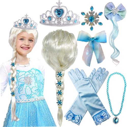 Princess Elsa Wig Frozen Elsa Braid with Princess Tiara Necklace Gloves Princess Elsa Dress Up Costume Cosplay Accessories for Kids Girls