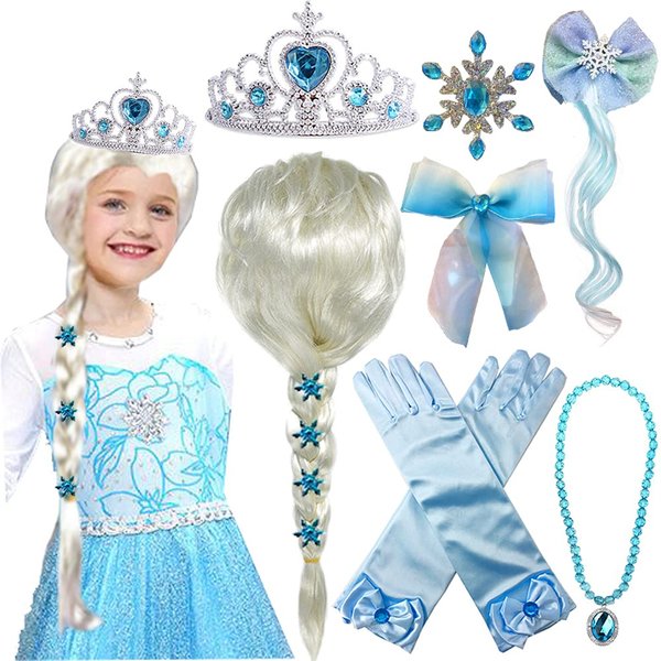 Princess Elsa Wig Frozen Elsa Braid with Princess Tiara Necklace Gloves Princess Elsa Dress Up Costume Cosplay Accessories for Kids Girls