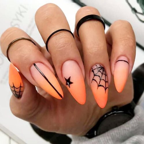 24 Pcs Halloween Press on Nails Medium, Almond Shaped Fake Nails for Women, Halloween Glue on Nails with Funny Designs (Spider Web and Star)