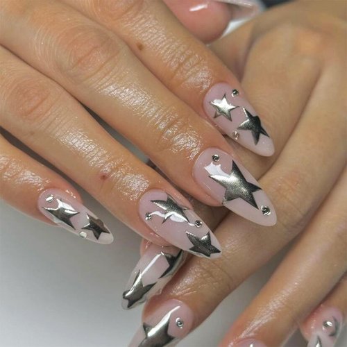 IMSOHOT Medium Press on Nails Almond Glossy Fake Nails Stiletto Nude False Nails Glue on Nails Silver Star Full Cover Acrylic Nails for Women 24PCS