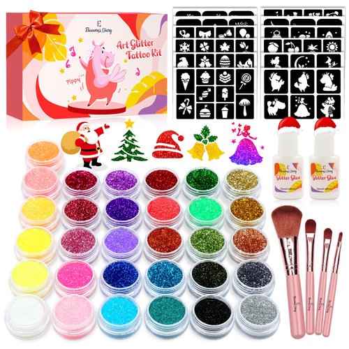 Temporary Glitter Tattoo Kids, Eleanore's Diary 31 Glitter Colors,165 Unique Stencils,2 Glue,4 Brushes,Adults & Kids Arts Glitter Make Up Kit, Gifts for Girls Boys Birthday Party Christmas Festival