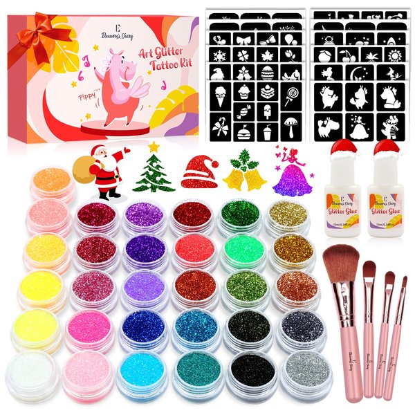 Temporary Glitter Tattoo Kids, Eleanore's Diary 31 Glitter Colors,165 Unique Stencils,2 Glue,4 Brushes,Adults & Kids Arts Glitter Make Up Kit, Gifts for Girls Boys Birthday Party Christmas Festival