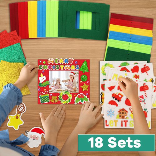 Qyeahkj 506pcs Christmas Foam Arts Craft Picture Frame Kit for Kids, 18 Sets Colorful Holiday Felt Picture Frame with Easel for DIY Xmas Winter Party Game Activities Favors Decors Supplies