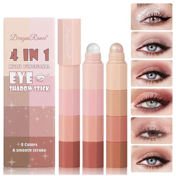 Blopuivo 4-in-1 Nude Cream Eyeshadow Stick,Matte Eye Shadow Face & Eye Highlighter Pen Matte Nude Eye Makeup, Highly Pigmented Eyeshadow (A+B)