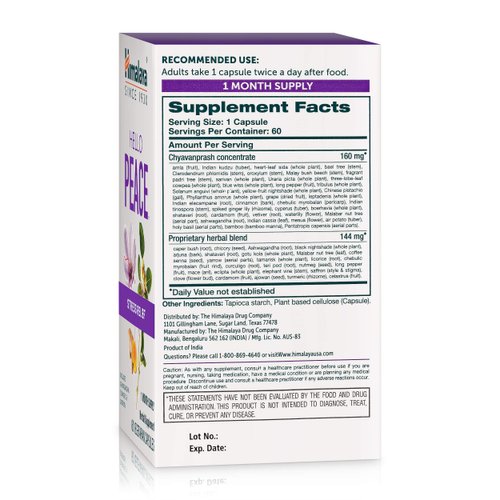 Himalaya Hello Peace, Daily Stress Relief Herbal Supplement, Ashwagandha, Turmeric, Saffron, Eases Nervousness, Relaxation and Calm, Balances Cortisol, Non-GMO, Vegan, 60 Capsules, 30 Day Supply