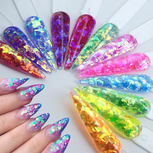 12Grids Holographic Mermaid Colorful Nail Art Glitter,Irregular Rainbow Candy Color Nail Art Flakes Sequins Gradient Bright Ice Slag Nail Sequins Summer Metallic Foil Nail Supplies DIY Nail Decoration