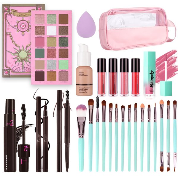 Full Makeup Kit for Women, 18 Color Eyeshadow, Highlighter, Lipstick, Liquid Blush, Mascara, Liquid Eyeliner, Eyebrow Pencil, Foundation, Sponge,Makeup Bag and 15pcs Makeup Brush