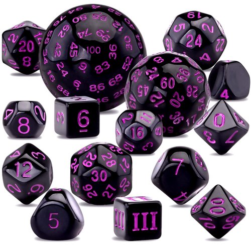 AUSTOR 15 Pieces Complete Polyhedral Dice Set D3-D100 Game Dice Set with a Leather Drawstring Storage Bag for Role Playing Table Games(Black & Purple)