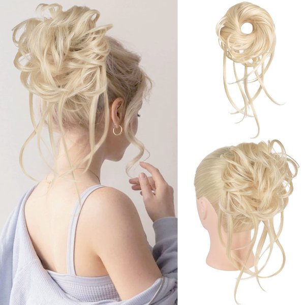 HOOJIH Messy Bun Hair Piece, Super Long Tousled Updo Hair Bun Extensions Wavy Hair Wrap Ponytail Hairpieces Hair Scrunchies with Elastic Hair Band for Women HB007 Grace - Cool Light Blonde