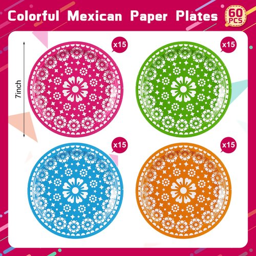Newtay 60 Pcs Fiesta Party Plates Mexican Party Decorations 7" Disposable Mexican Tableware Set Colorful Paper Plates for Mexican Cinco De Mayo Dance Taco Fiesta Party Supplies