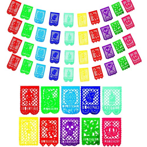 40 FT Mexican Banner Papel Picado Plastic Set, La Loteria Party Banners, Mexican Banner Decorations (10 FT x 4) Four Mexican Party Decorations para Cinco de Mayo, Decoracion Loteria Mexicana