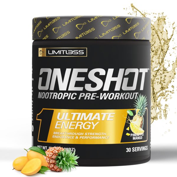 ONESHOT Pre Workout Powder for Men and Women - BCAAS Amino Acids Supplement Powder, 200mg Caffeine Powder, Beta Alanine Powder, Citrulline Malate Preworkout Powder - Pineapple Mango - 30 Servings