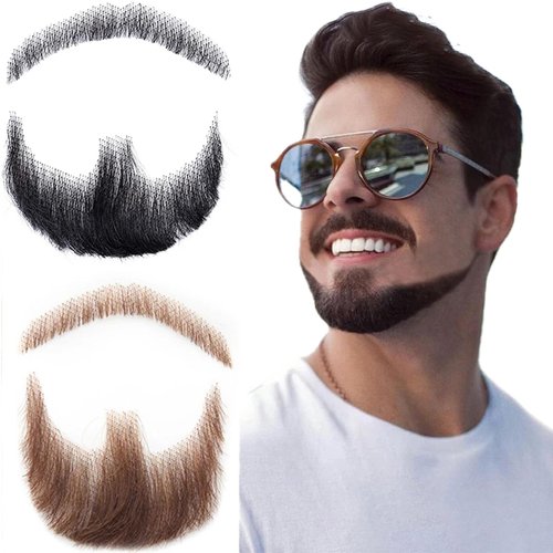 Fake Beard Realistic Mustache Full Hand Tied Goatee Facial Hair Adults Men Lace Invisible False Beards for Halloween Dressing Entertainment Drama Party Movie Makeup (include glue) (black)