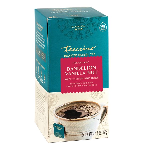 Teeccino Dandelion Herbal Tea - Vanilla Nut - Caffeine Free, Prebiotic, Gluten Free, 3x More Herbs - 25 Tea Bags