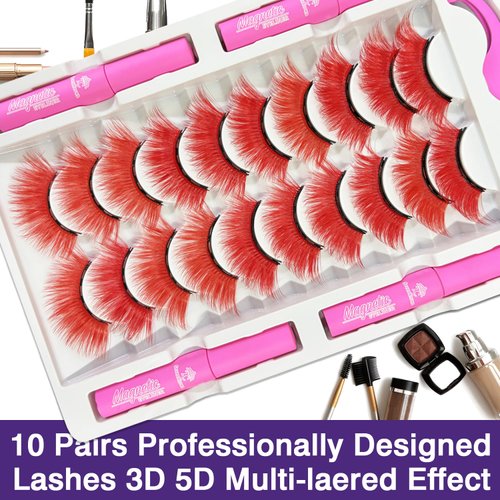 7C SEVENCROWN Color Magnetic Eyelashes Colored Eyelashes for Halloween Party Cosplay Makeup Kit,10 Pairs Magnetic Cat Eye Lashes with Eyeliner, Full Volume Red Look 18-23MM Fake Eyelash Cruelty-Free
