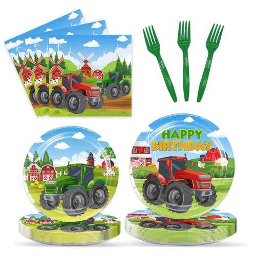 96Pcs Tractor Birthday Party Decorations, Tractor Birthday Party Supplies Includes Tractor Plates Napkins Forks, Tractor Theme Tableware Set Tractor Birthday Decorations for Baby Shower(Serves 24)