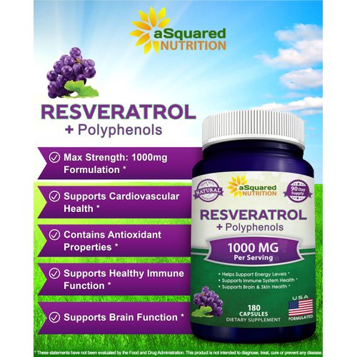 aSquared Nutrition Natural Resveratrol with Red Wine Extract - 180 Capsules - Trans Resveratrol Antioxidant Supplement Pills for Pure Heart Health - Extra Strength Trans-Resveratrol