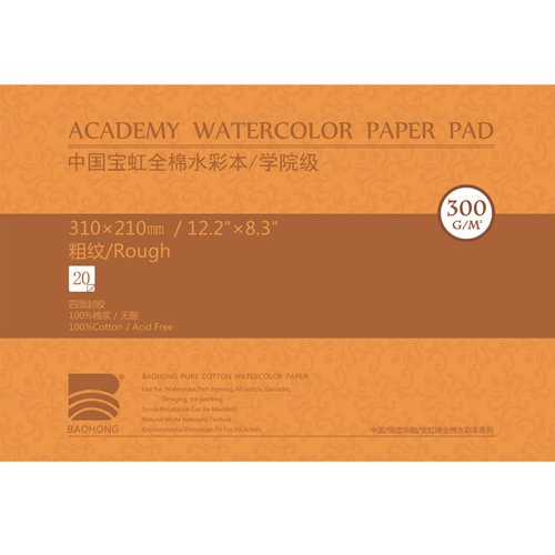 BAOHONG Watercolor Paper pad 20 Sheets, Academy Grade, 100% Cotton, 140lbs/300gsm, 12.2""x8.27"" / 31x21cm, Rough, white