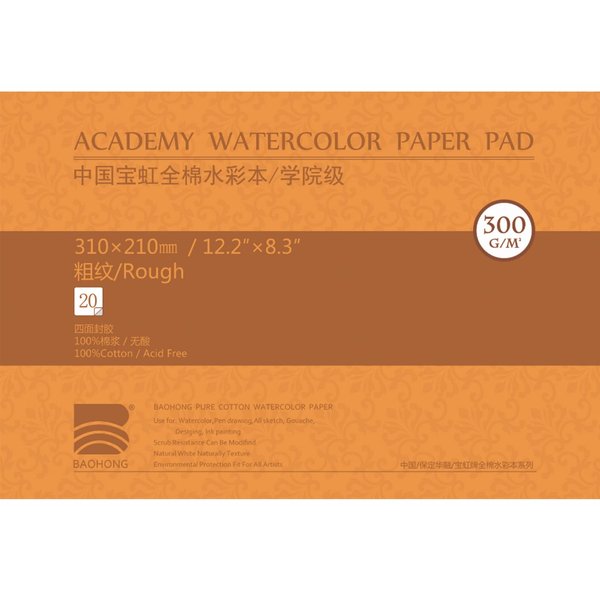 BAOHONG Watercolor Paper pad 20 Sheets, Academy Grade, 100% Cotton, 140lbs/300gsm, 12.2""x8.27"" / 31x21cm, Rough, white