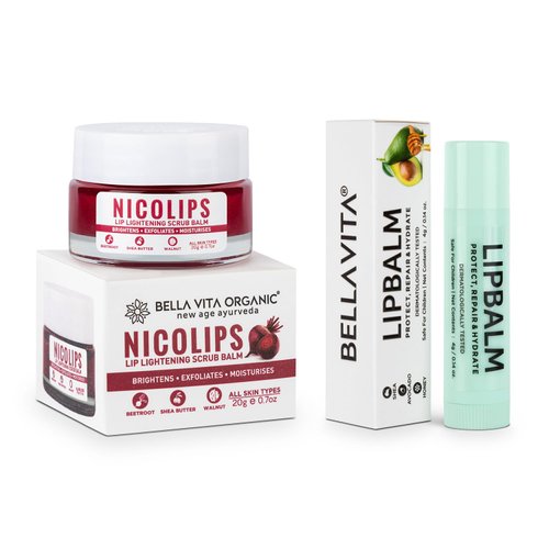 Bella Vita Organic NicoLips Lip Scrub & NicoBalm Lip Balm Combo for Dry, Chapped & Dark Lips Remover Treatment, 20g 5g