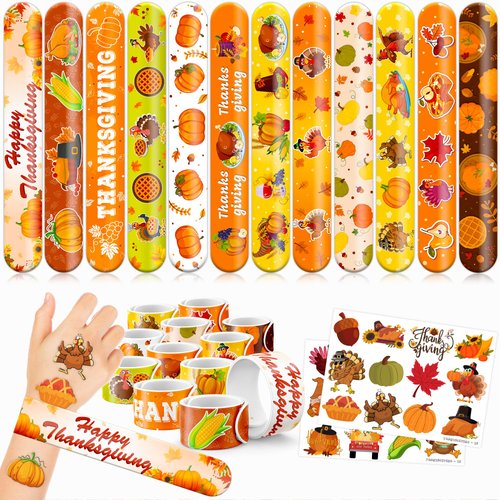 48 Thanksgiving 24PCS Thanksgiving Temporary Tattoos Sticker 24PCS Slap Bracelets Perfect for Themed Birthday Party Favors Baby Showers or Classroom Rewards Ideal Decor and Gifts for Girls and Boys
