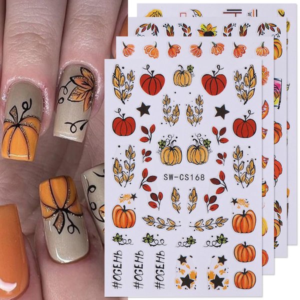 Fall Nail Art Stickers Decals Autumn Pumpkin Nail Decals 8PCS 3D Self-Adhesive Fall Leaf Floral Pumpkin Design Manicure Sliders Nail Art Supplies Fall Sticker for Women Girls DIY Nail Art Decorations