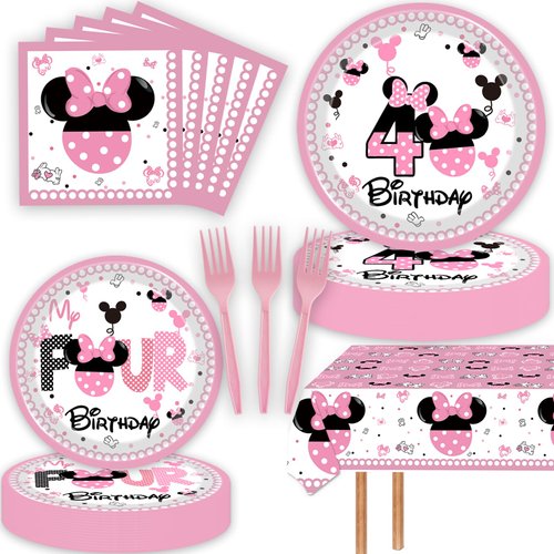 51 Pcs Pink 4th Birthday Party Decorations Girls Four Years Old Tablecloth Paper Plates Napkins Forks Dinnerware for Pink Girls Fourth Birthday Party Supplies Decorations