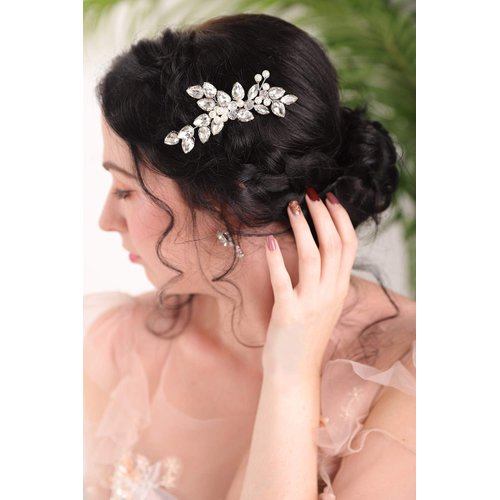 Fxmimior Handmade Hair Comb Silver Rhinestone Floral Clip Pearl Hair Accessories for Brides Women Gilr(Silver)