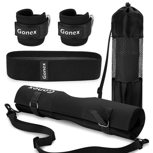Gonex Barbell Pad Set for Squats Hip Thrusts Upgraded Bar Neck Pads Workout Foam Weightlifting Cushion with 2 Gym Ankle Straps Hip Resistance Band Fits Standard Olympic Bars with a Carry Bag