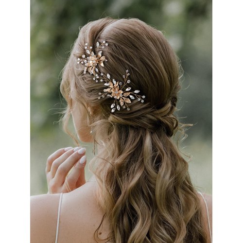 SWEETV 2 Pieces Bridal Wedding Hair Pins Flower Pearls Clips Crystal Headpiece Gold Accessories Leaf Bobby Pins Jewelry for Bridesmaids Party Piece Women and Girls