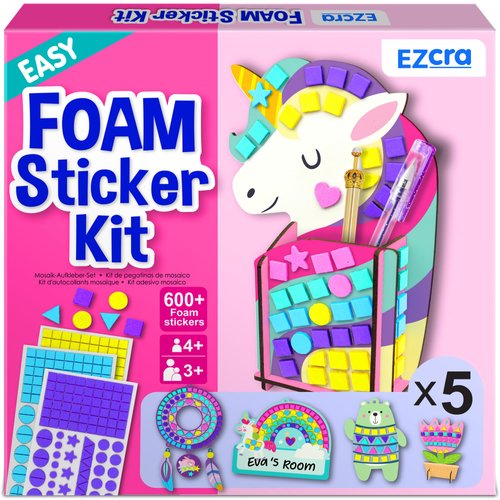 EZCRA Easy Arts and Crafts for Kids - Fun Foam Sticker Kit - 5 Cute Projects for Girls, Over 600 Stickers - Art Supplies and Art Kit for Kids - Gifts & Toys for Boys and Girls Age 3,4,5,6,7,8