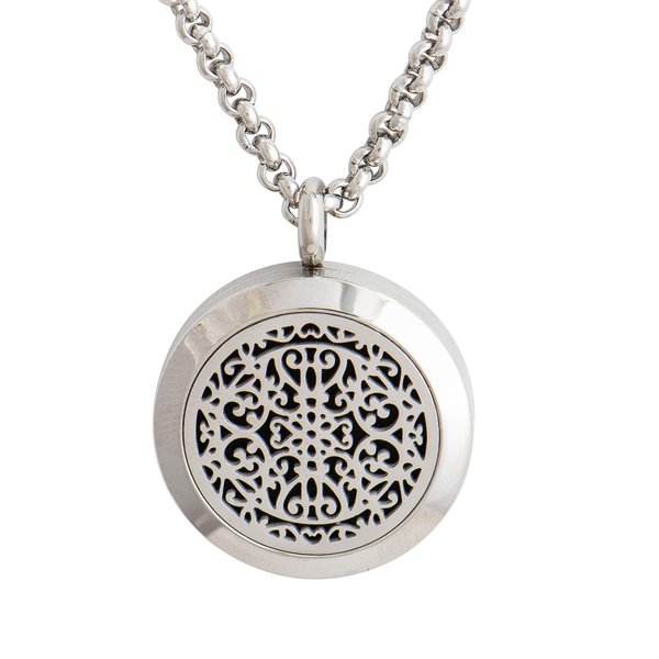 Wild Essentials Wrought Iron Essential Oil Diffuser Necklace, Stainless Steel Locket Pendant with 24 inch Chain, 12 Color Refill Pads, Customizable Color Changing Perfume Jewelry for Aromatherapy